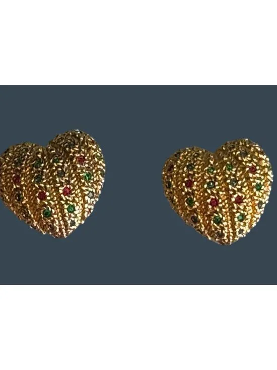 Nina Ricci Gold Tone Heart Clip On Earrings Red Green Rhinestones 1" - Picture 7 of 8